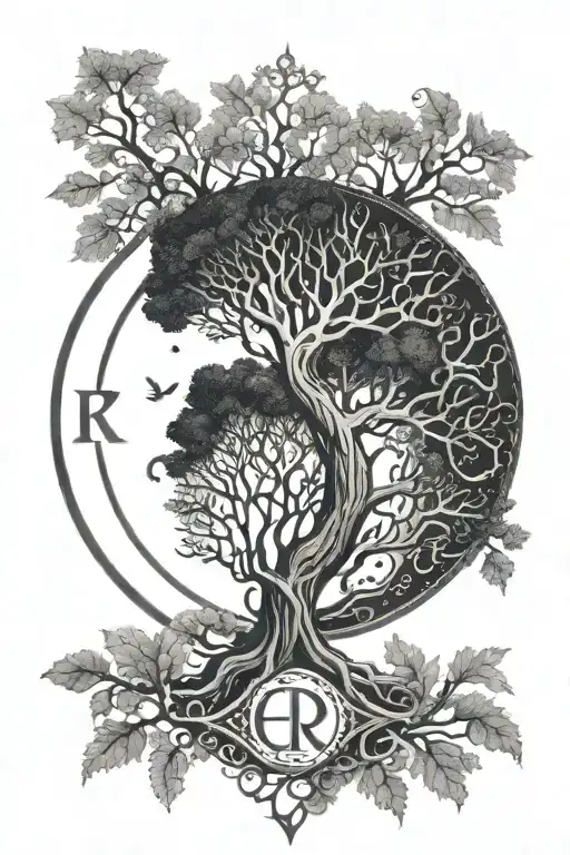rune circle tree of life with the letters tattoo design idea
