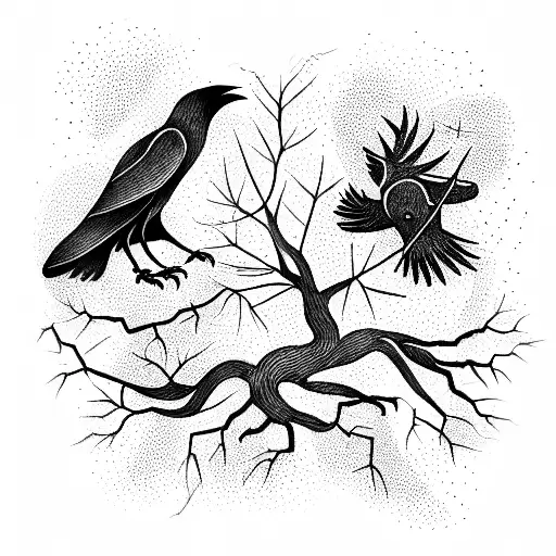 two crows and igdrasil tattoo design idea