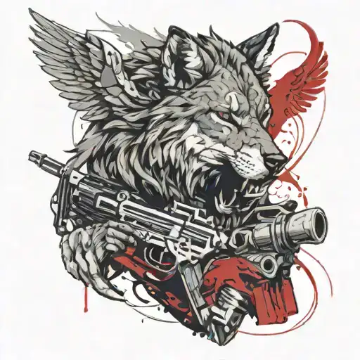 A humanoid wolf with a gun next to a winged lion tattoo design idea