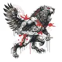 A werewolf with a gun fighting a winged lion tattoo design idea