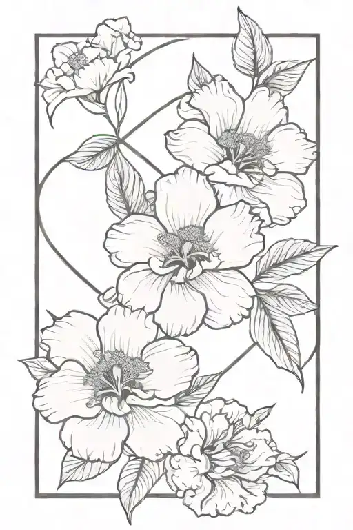 peony and hibiscus with hidden letters q and m tattoo design idea