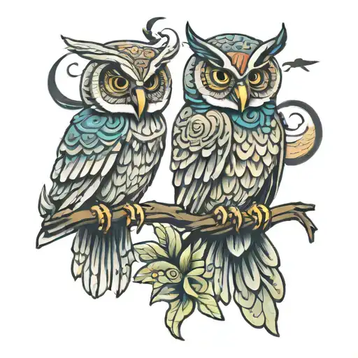 Hawaiian owls flying together tattoo design idea
