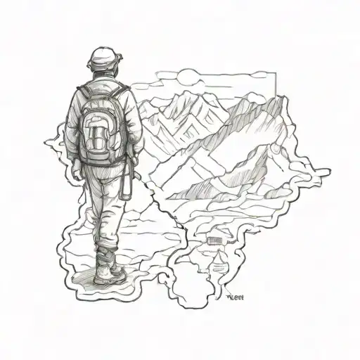 Detailed map of Ladakh with a backpacker silhouette in the foreground tattoo design idea