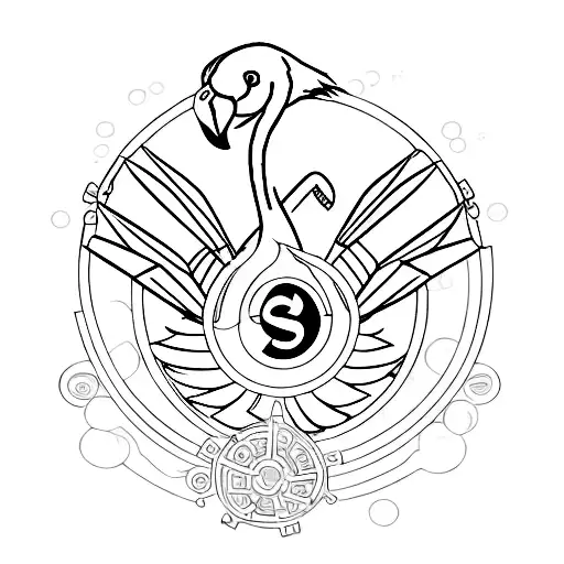 Silhouette of a flamingo with a body shaped like a chemistry flask. Integrating chemical symbols into the feathers. tattoo design idea