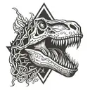 t-Rex skull with flaming vines in the shape of a triangle in the background  tattoo design idea