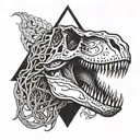 t-Rex skull with flaming vines in the shape of a triangle in the background  tattoo design idea