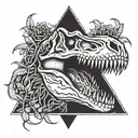 t-Rex skull with flaming vines in the shape of a triangle in the background  tattoo design idea