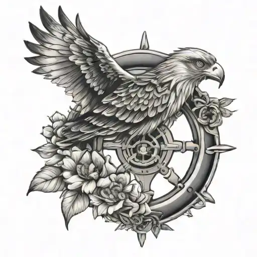 hawk with a ship wheel with flowers around it tattoo design idea