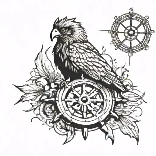 hawk with a ship wheel surrounded tattoo design idea