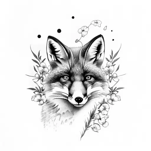 fox with violets and cosmos tattoo design idea