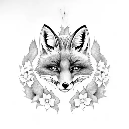 fox with cosmos and violets tattoo design idea