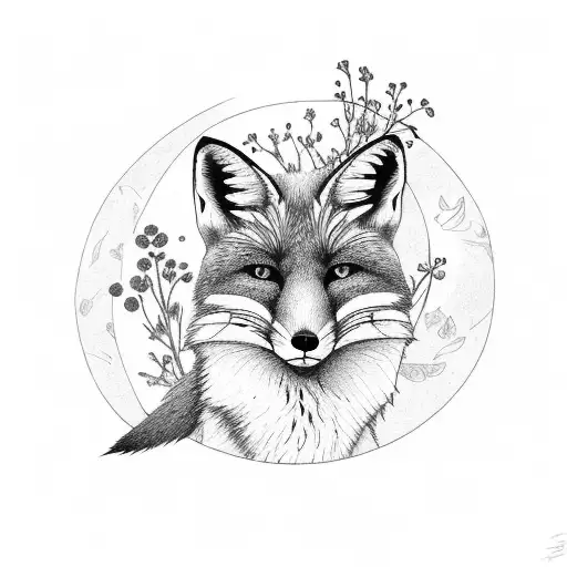 full body fox with violets and cosmos tattoo design idea