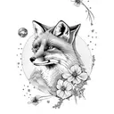 fox with cosmos and violets tattoo design idea