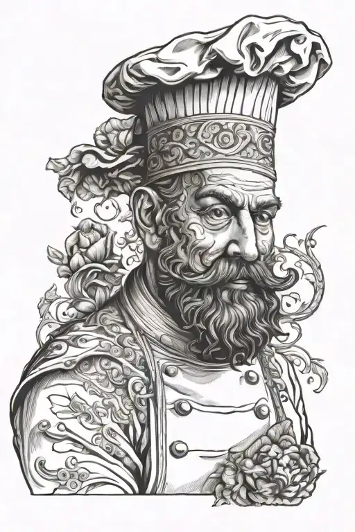 A renaissance-inspired portrait of a chef with intricate details and symbolism tattoo design idea