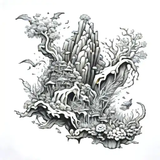 A majestic underwater scene with colorful coral reefs and exotic sea creatures, incorporating elements of rock climbing gear as if the ocean floor is a challenging rock face to conquer tattoo design idea