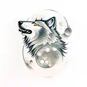 A wolf howling at the moon with a golf club and hockey stick crossed behind it tattoo design idea