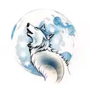 A wolf howling at the moon with a golf club and hockey stick crossed behind it tattoo design idea