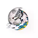 A wolf howling at the moon with a golf club and hockey stick crossed behind it tattoo design idea