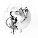 A wolf howling at the moon with a golf club and hockey stick crossed behind it tattoo design idea