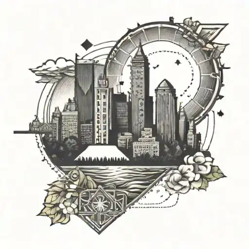 A geometric representation of Minneapolis skyline with elements of sun and life, in a dotwork style tattoo design idea