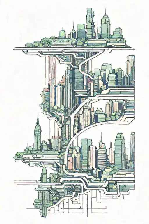 A futuristic cityscape inspired by the Matrix, with a hidden Minneapolis skyline incorporated into the design tattoo design idea