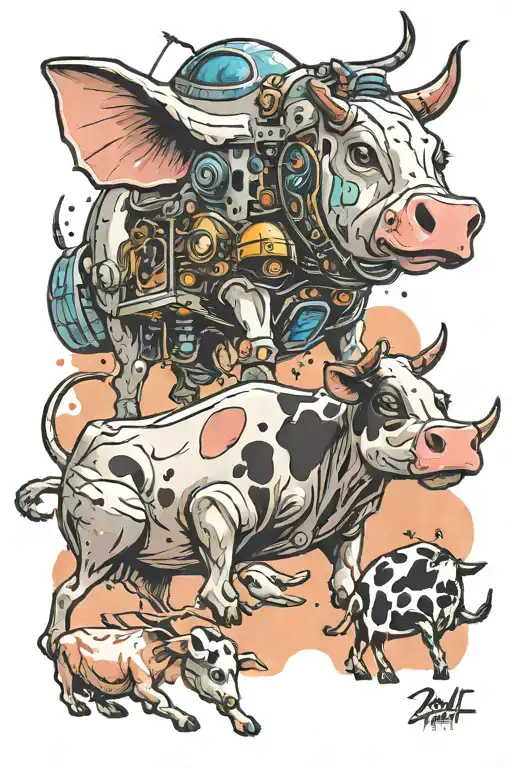 b movie spaceship beaming up a cow and tiny aliens tattoo design idea