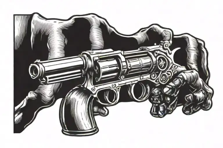 skeleton hand holding revolver tattoo design idea