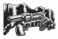 skeleton hand holding revolver tattoo design idea