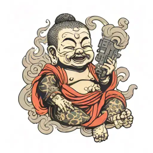 evil baby Buddha with tattoos and an evil face holding a pistol with smoke coming out of the barrel tattoo design idea