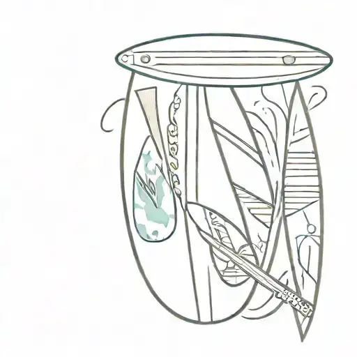 An abstract painting palette with surfboards as the brushes, representing the client's passion for painting and surfing tattoo design idea