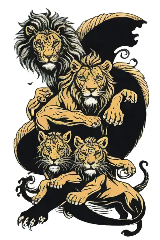 Poseidon and lioness protecting twin cubs playing tattoo design idea