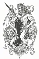 Poseidon with lioness protecting twin baby girl and boy. Leo. Aquarius. Sagittarius.  tattoo design idea