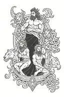 Poseidon with lioness protecting twin baby girl and boy. Leo. Aquarius. Sagittarius.  tattoo design idea