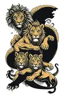 Poseidon and lioness protecting twin cubs playing tattoo design idea