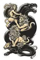 Poseidon and lioness protecting twin cubs playing tattoo design idea