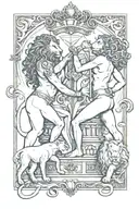 Poseidon and lioness with crownprotecting twin banbies. Leo. Aquarius. Sagittarius.  tattoo design idea
