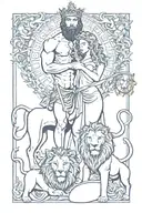 Poseidon and lioness with crownprotecting twin banbies. Leo. Aquarius. Sagittarius.  tattoo design idea