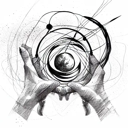 hands holding planets on strings tattoo design idea