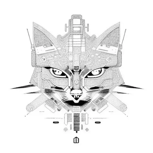 A fusion of Japanese and cyberpunk elements, with a cat wearing futuristic armor tattoo design idea