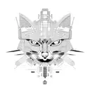 A fusion of Japanese and cyberpunk elements, with a cat wearing futuristic armor tattoo design idea