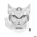 A fusion of Japanese and cyberpunk elements, with a cat wearing futuristic armor tattoo design idea