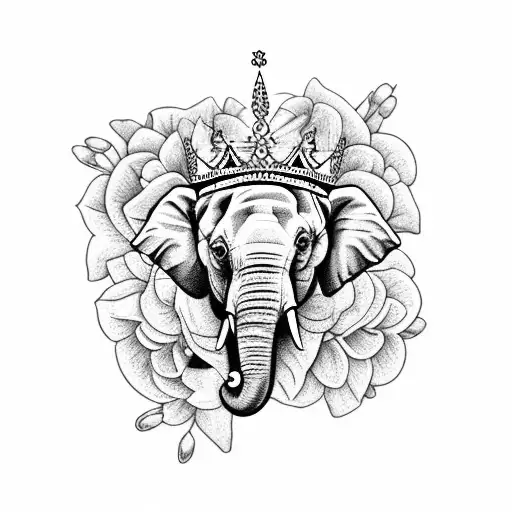 A majestic elephant wearing a crown, surrounded by snowdrops and carnations tattoo design idea