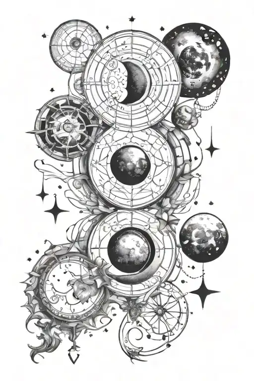moon phases vertically with 5 constellations alternating with Libra, Cancer, Sagitarius, Sagitarius, and Aries tattoo design idea