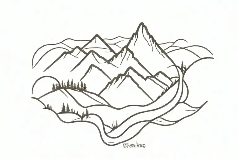 mountain range with a winding path tattoo design idea