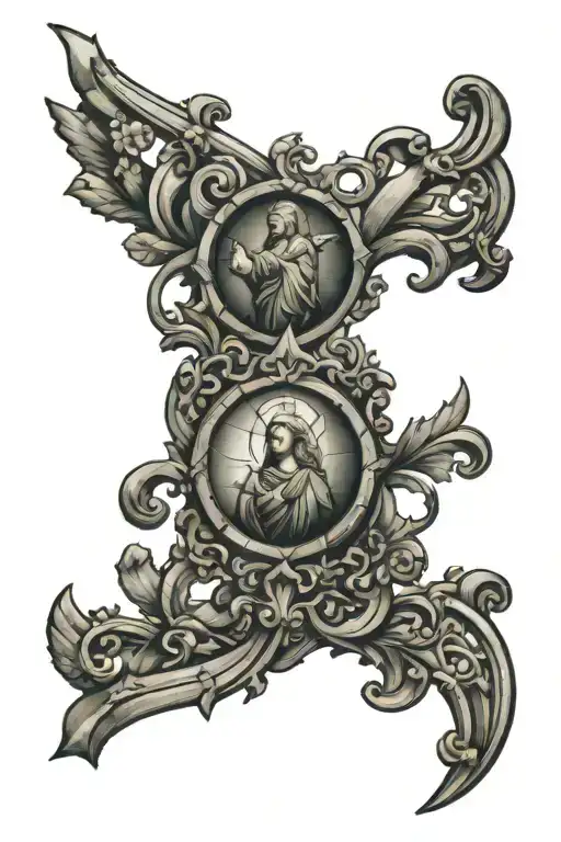 A stained glass window design featuring biblical scenes or religious symbols, wrapping around the arm. tattoo design idea