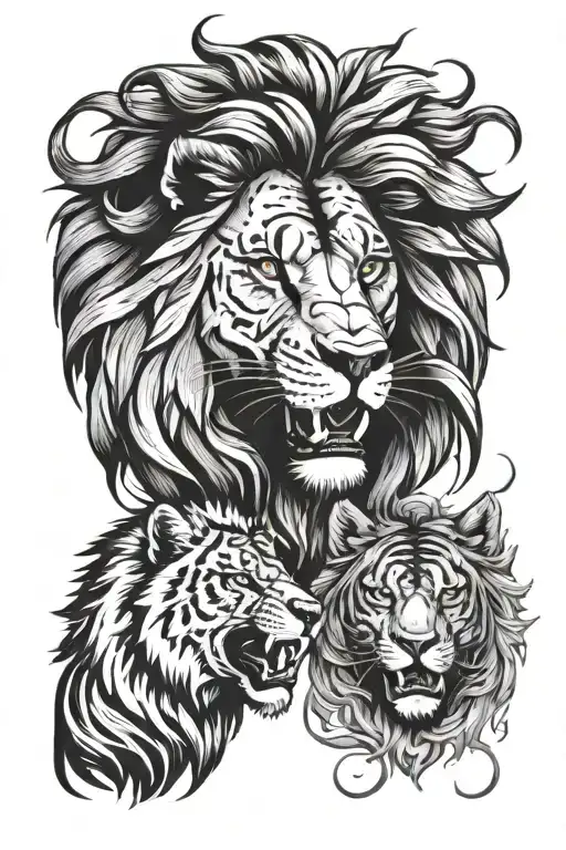 a lion with a mane and a wolf without and a tiger, together roaring tattoo design idea
