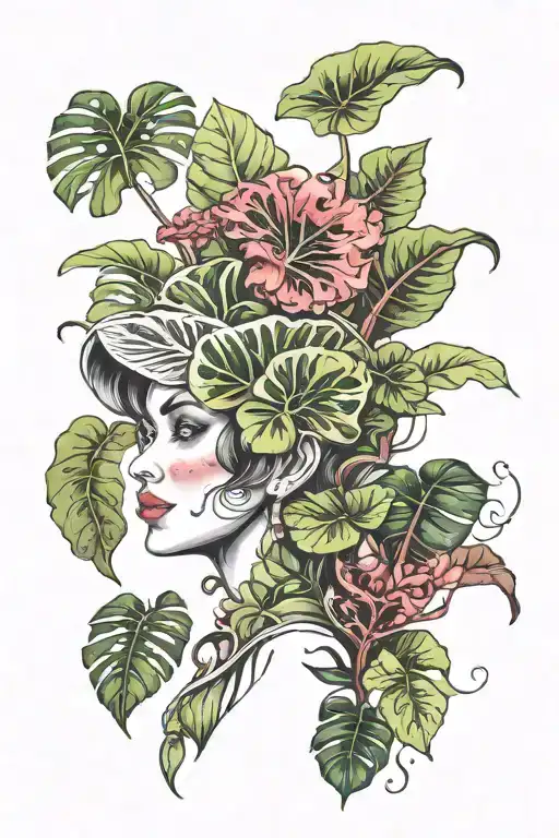 monstera philodendron mushroom fairy tattoo design idea