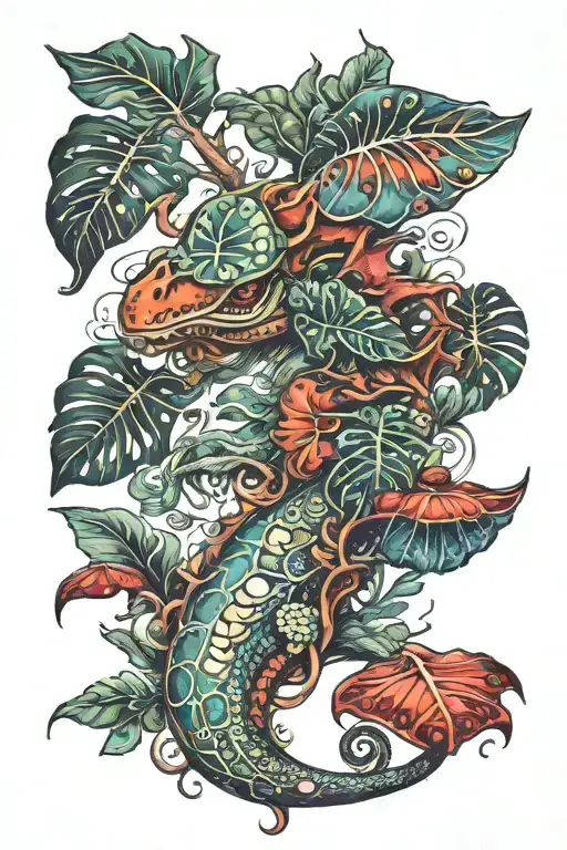 monstera mushroom dragon tattoo design idea