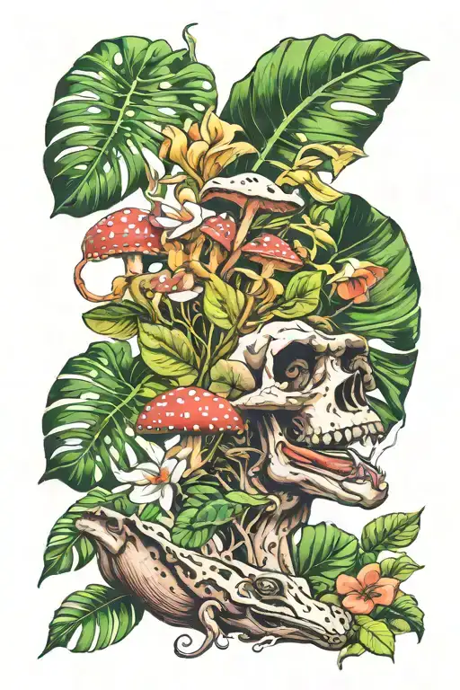 flowers monstera leaves mushrooms toad smoking tattoo design idea