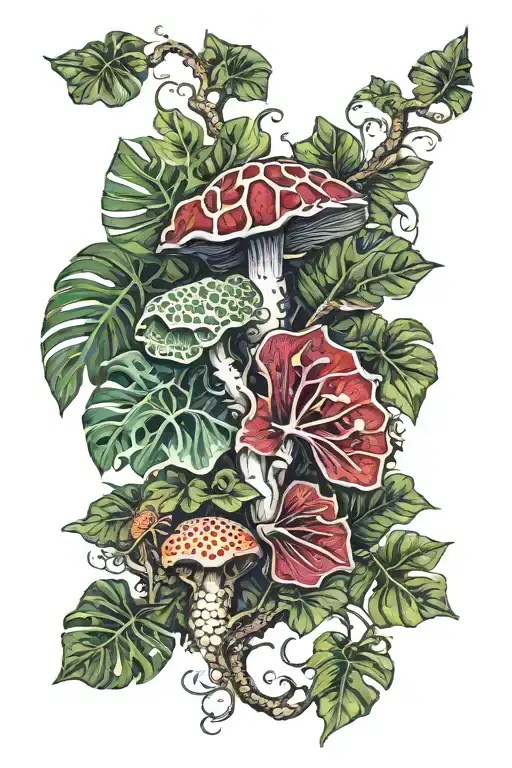 gemini monstera dragon mushroom tattoo design idea